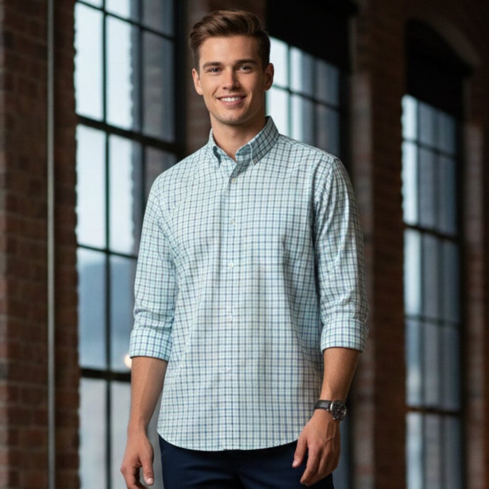 Vineyard Vines White and Blue Grid Button Up Long Sleeve Dress Shirt